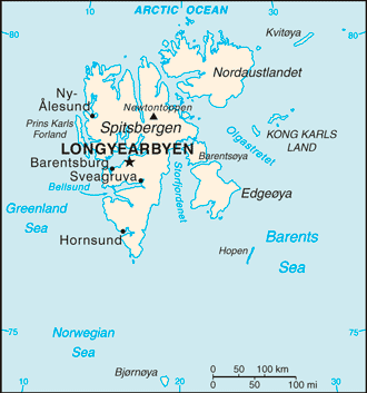 Svalbard (sometimes referred to as Spitsbergen, the largest island in the archipelago) map